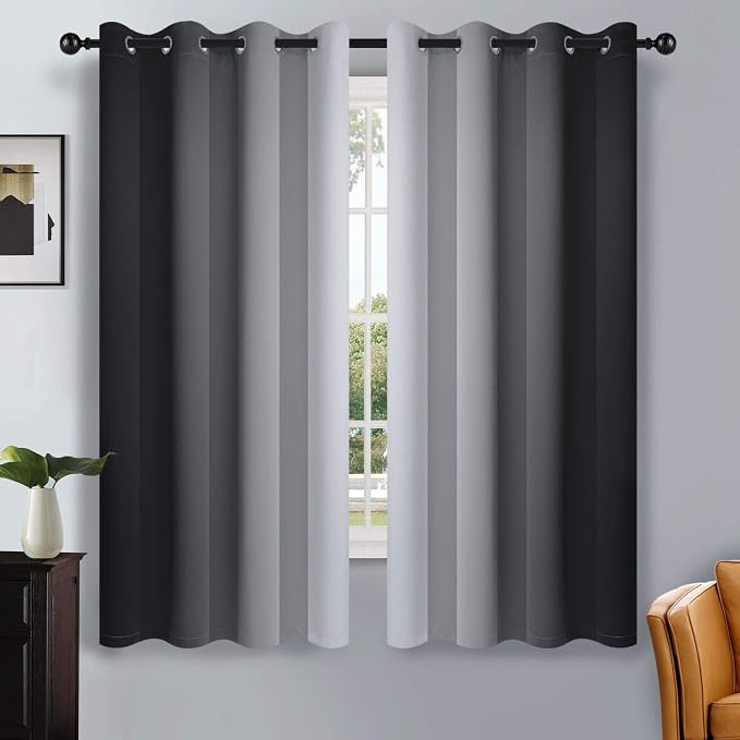 SimpleHome Ombre Black to Grey White Curtains for Living Room 52Wx63L | Room Darkening Curtains for Bedroom,Gradient Light Blocking Curtain,Thermal Insulated Grommet Window Drapes,2 Panels,63 Inch