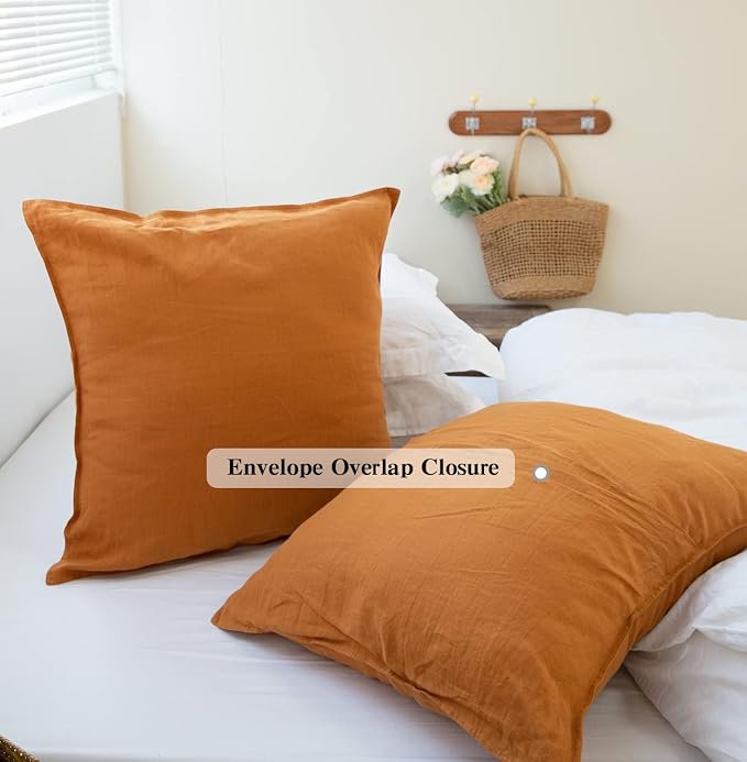 Simple&Opulence 100% Washed Linen Euro Shams 26'' x 26'' Pack of 2, Basic Style Solid Color Natural Flax Farmhouse Decorative Square Throw Pillow Covers for Bed Couch Sofa - Rust