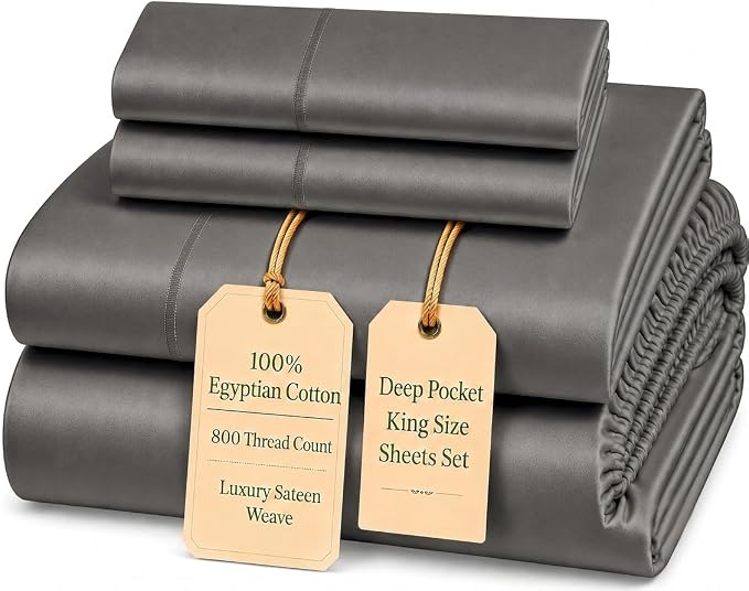 King Sheet Set, 800TC Egyptian Cotton King Size Bed Sheets - Granite Grey | 15" Deep Pocket, Super Soft, Luxury Sateen Weave, Breathable Cotton Sheets King Size for Hotel-Quality Comfort Every Night