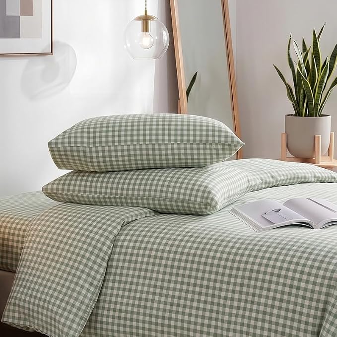 NEXHOME PRO Green Gingham Duvet Cover King, 100% Washed Cotton Like Linen Feel Organic Natural Bedding Set 3 Piece Sage Vintage Plaid Checkered Comforter Cover Set (No Comforter) 10490