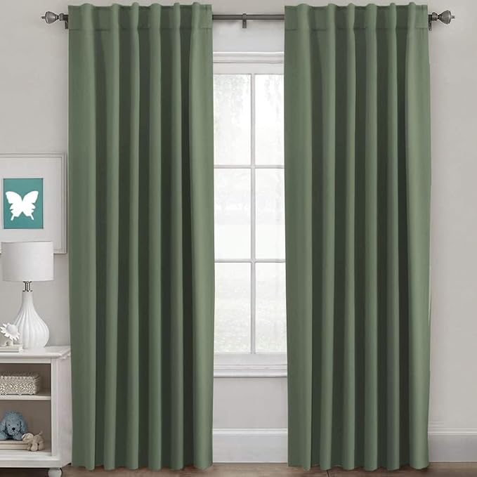 H.VERSAILTEX Back Tab Dark Green Curtains 90 Inch Long for Living Room, Rod Pocket Room Darkening Thermal Insulated Blackout Curtains, 52 x 90 Inch, Bronze Green, 2 Panels