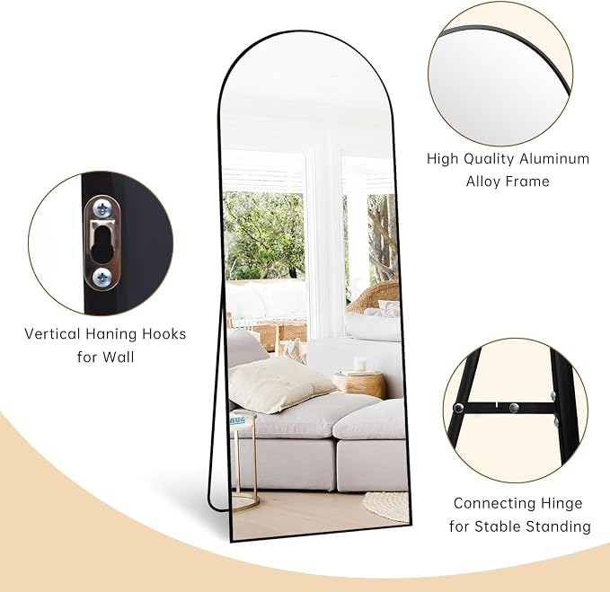 Dewfig Arched Full Length Mirror, 58"X18" Large Full Body Mirror, Black | Aluminum Alloy Frame Floor Mirror, HD Shatterproof Tempered Glass, Lean/Stand/Wall for Living Room,Bedroom, Dressing Room