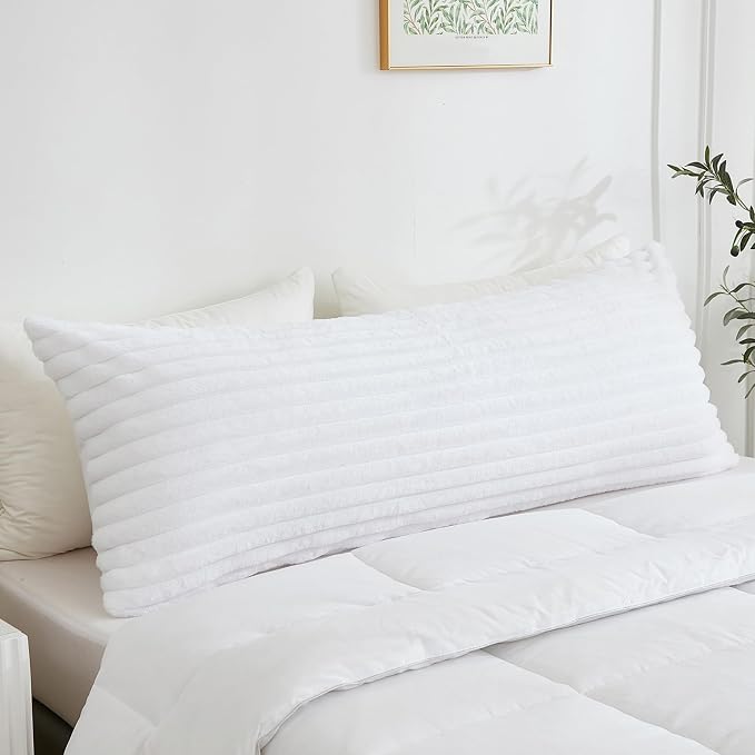 Full Body Pillow with Fluffy Stripe Faux Fur Removable Cover, Long Bed Pillow Adult 20x54 Inches for Side Sleeper and Pregnancy, White.