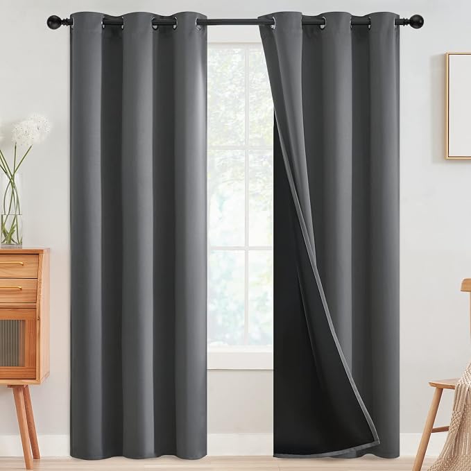 SimpleHome Grey 100% Blackout Curtains Room Darkening Living Room 84 Inch | Curtains for Bedroom,Thermal Insulated Grommet Window Drapes,Curtains for Living Room with Black Back,42 x 84 Inch,2 Panels