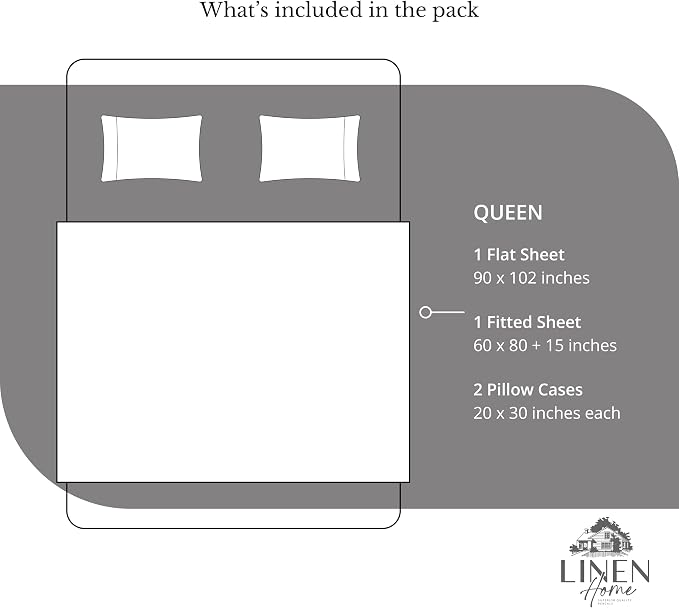 Linen Home 100% Cotton Percale Sheets Queen Size, Smoky Charcoal, Deep Pocket, 4 Pieces Set - 1 Flat, 1 Deep Pocket Fitted Sheet and 2 Pillowcases, Crisp Cool and Strong Bed Linen