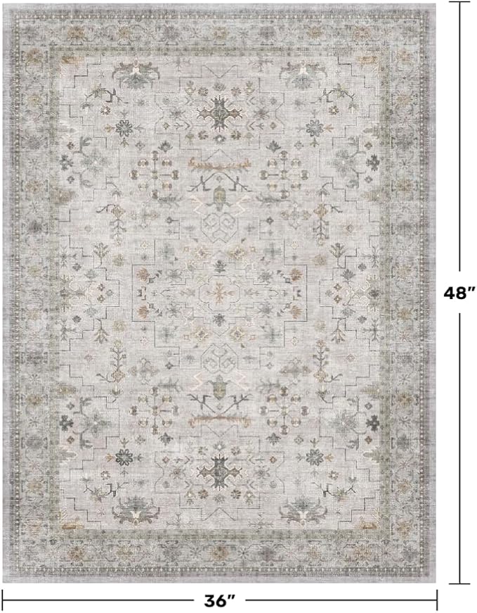 Boho Large 3x4 Bathroom Rug - Washable Low Pile Non-Slip Area Rugs for Entryway, Kitchen, Bedroom Beside Bed, Modern Vintage Neutral Light Gray & Sage Geometric Floral Decor