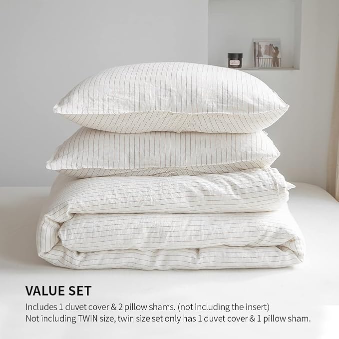 Simple&Opulence 100% Linen Duvet Cover Set 3pcs Yarn Dyed Vertical Pinstripe Ticking Pattern Natural French Washed Flax Breathable Farmhouse Bedding - Cinnamon Stripe, King Size