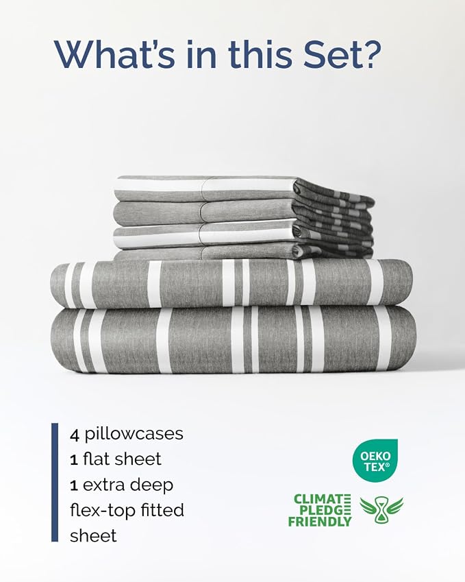 Flex Top Split Head King 6 Piece Sheet Set - Soft & Cooling - Grey Stripes | Ultra Soft Hotel Luxury Bedding Set w/ 8-16 Inch Deep Pockets, 1 Flat & 1 Split-Head Fitted Sheet & 4 Pillowcases, Fade Free