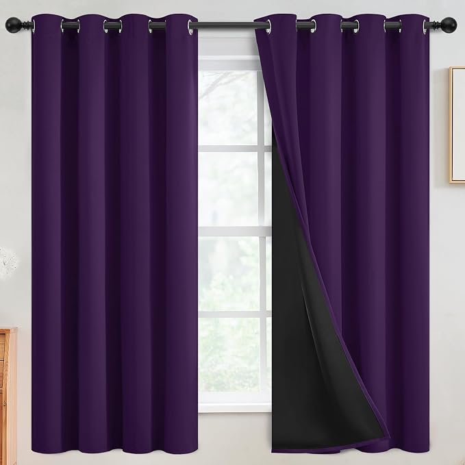 SimpleHome Purple 100% Blackout Curtains Room Darkening Living Room 63 Inch | Curtains for Bedroom,Thermal Insulated Grommet Window Drapes,Curtains for Living Room with Black Back,52 x 63 Inch,2 Panels