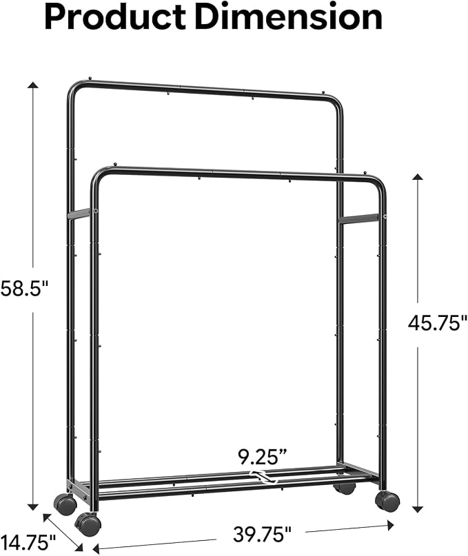Simple Trending Clothing Clothes Rack, Double Rod Garment Rack, Black | Portable Closet with Bottom Shelf, Anti-Slip Stoppers, 360° Lockable Wheels, Multiple Uses, Bedroom, Laundry Room