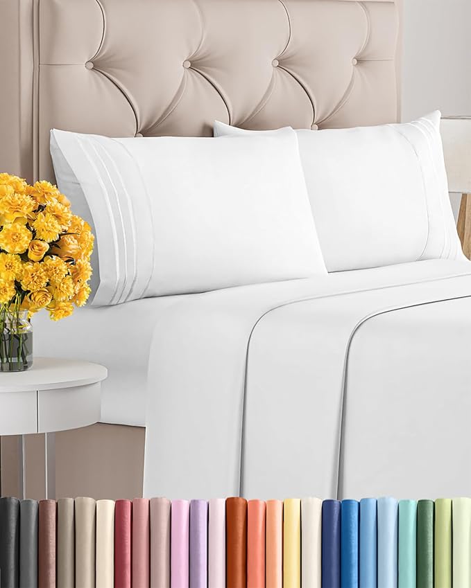 Cal King Size 4 Piece Sheet Set - Soft & Cooling Bed Sheets - Bright White | Fits 8 Inch to 16 inch Mattress, Wrinkle Free & Fade Resistant with Deep Pockets, Breathable, Comfy Hotel Luxury Bedding