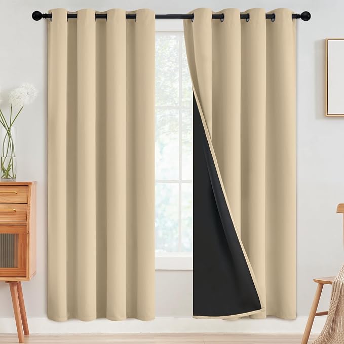 SimpleHome Beige 100% Blackout Curtains Room Darkening Living Room 72 Inch | Curtains for Bedroom,Thermal Insulated Grommet Window Drapes,Curtains for Living Room with Black Back,52 x 72 Inch,2 Panels