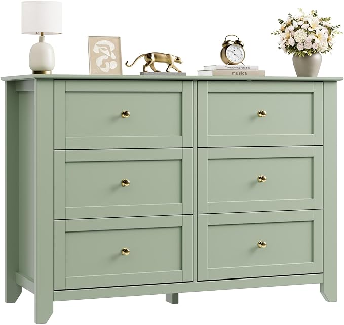 Garvee 6 Drawer Dresser for Bedroom, 47.2" Wide Modern Large Chest of Drawers with Metal Knobs, Wooden Clothes Storage Organizer for Closet, Nursery, Living Room, Apartment, Sage Green | Lacquered Finish, Metal Knobs, Clothes Storage Organizer for Clos...