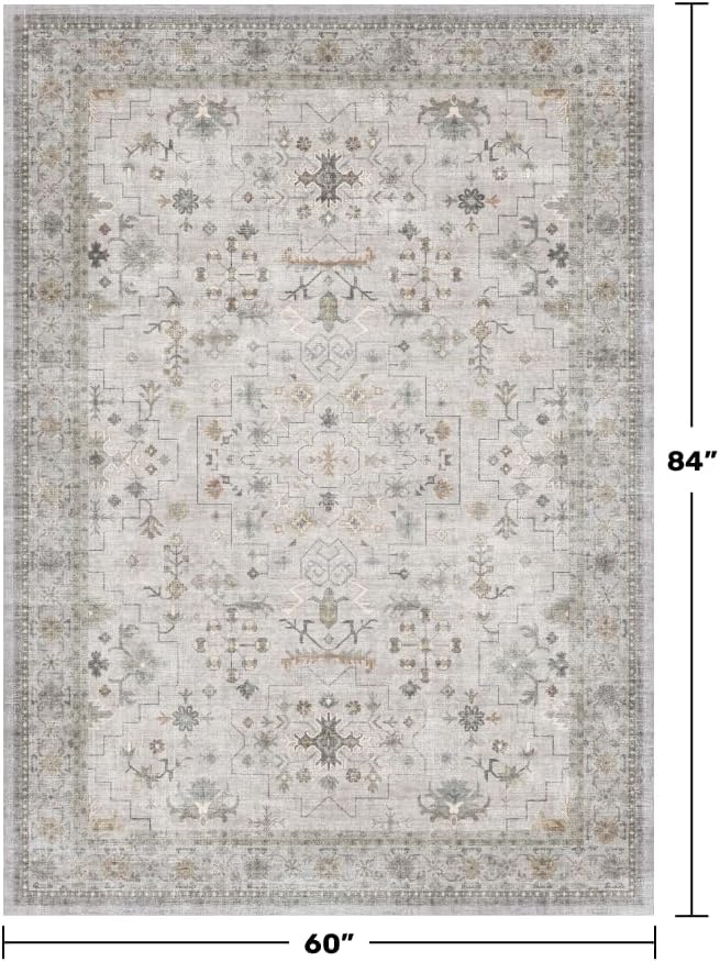 Boho Washable 5x7 Living Room Rug - Neutral Light Gray & Sage Area Rugs for Nursery, Dining Under Table, Bedroom, Modern Vintage Eclectic Geometric Floral, Low Pile Stain Resistant