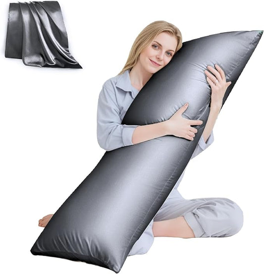 Body Pillow with Satin Pillowcase, Body Pillow for Adults, Grey | 20"x54", Removable Cover, OEKO-TEX Certified Down Alternative Filling,Washing Machine