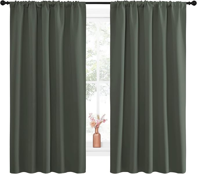 NICETOWN Bedroom Curtains Blackout Draperies - All Season Thermal Insulated Solid Rod Pocket Top Blackout Curtains/Drapes for Kid's Room (Dark Mallard, 1 Pair, 52 x 63 Inch)