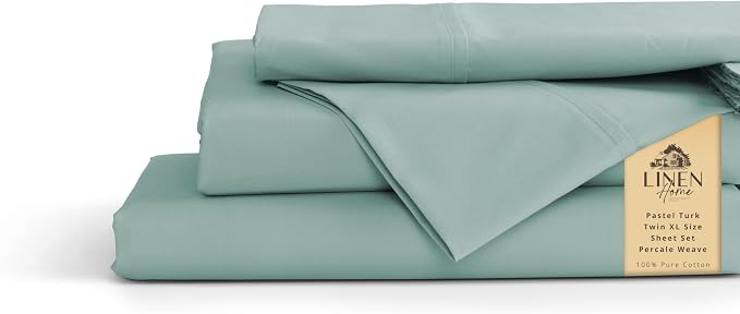 Linen Home 100% Cotton Percale Sheets Twin XL Size, Pastel Turk, Deep Pocket, 3 Pieces Set- 1 Flat, 1 Fitted and 1 Pillowcase, Crisp Cool and Long Staple Strong Bed Linen