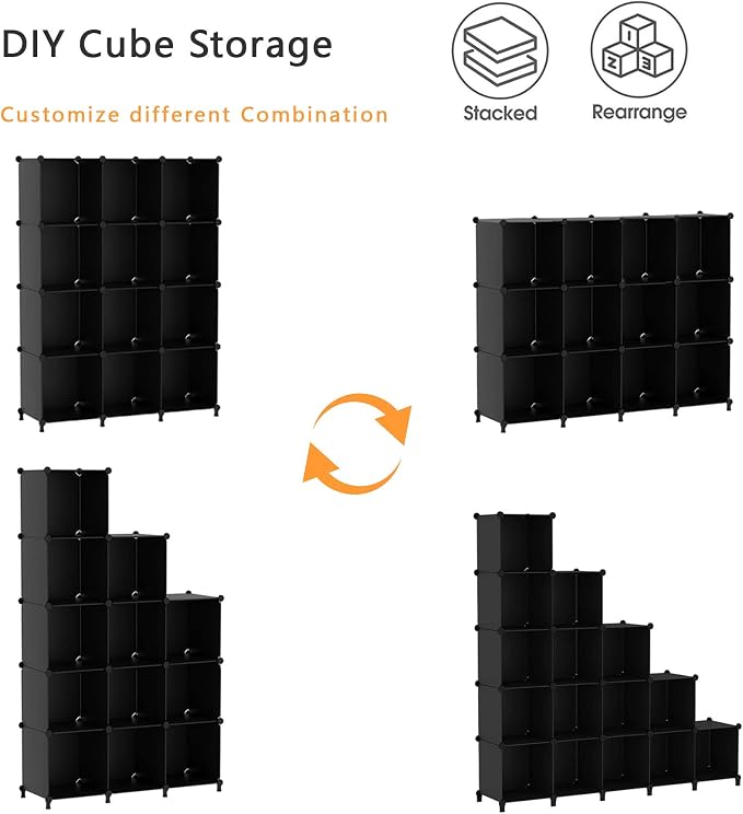 AWTATOS 12 Cube Storage Organizer, Closet Organizer Storage Shelves, Black | Portable Closet, DIY Stackable Storage Cubes Shelve, Plastic Clothes Organizer Shelving for Home, Bedroom
