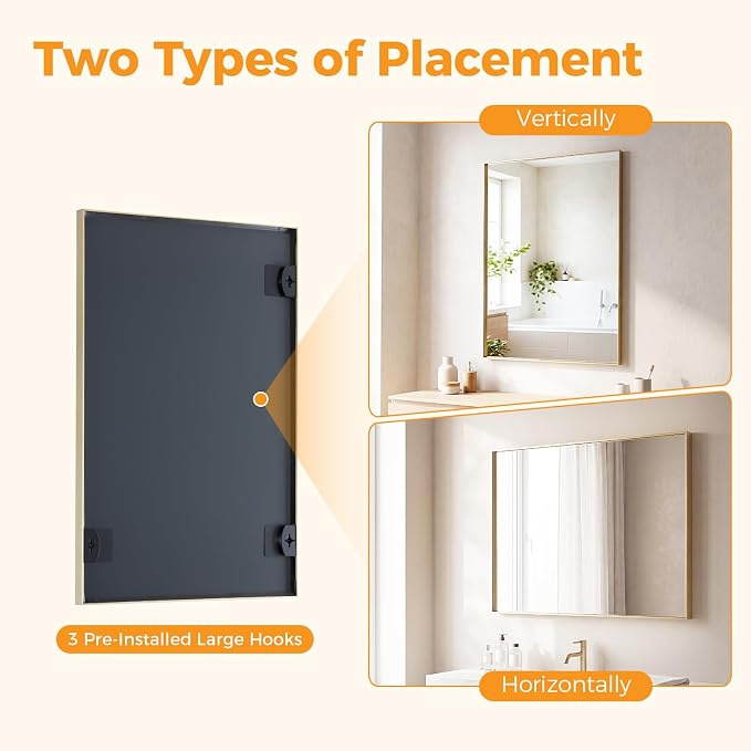 Sweetcrispy Bathroom Mirrors, Vanity Mirror, Wall Mount, 24x36 Inch | Tempered Glass, Anti-Rust Metal Frame, Over Sink Home Decor, Modern Rectangle Style, Gold