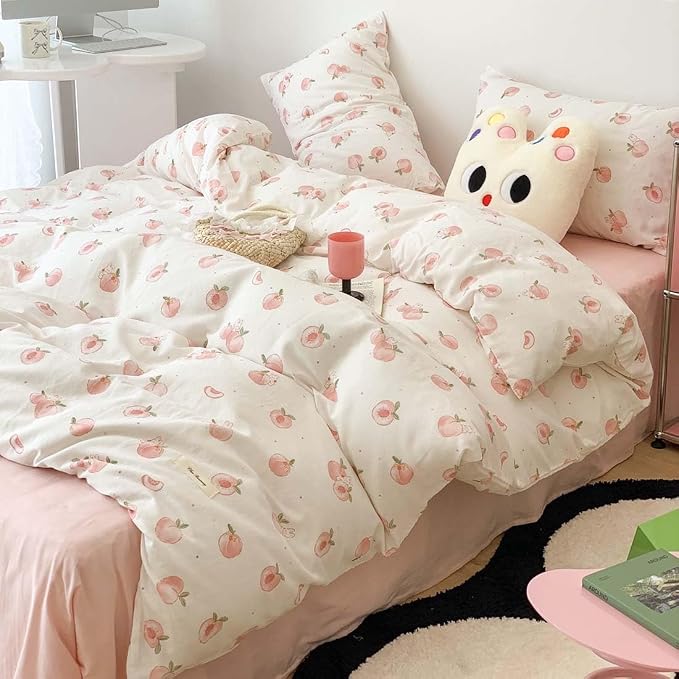 Nayoroom Pink Peach Duvet Cover Twin Size Kawaii Fruit Peaches Rabbit Printed on White Comforter Cover 2Pcs Kids Girls Soft Breathable Microfiber Cute Cartoon Bedding Set with Zipper Closure