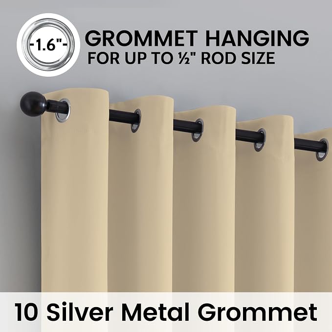 SimpleHome Beige 100% Blackout Curtains Room Darkening Living Room 63 Inch | Curtains for Bedroom,Thermal Insulated Grommet Window Drapes,Curtains for Living Room with Black Back,62 x 63 Inch,2 Panels
