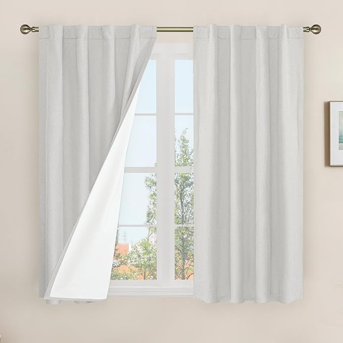 45 Inch Natural 100% Blackout Linen Curtains with White Liner | Light Grey, Linen Textured, Thermal Bedroom Curtains, Neutral Farmhouse Drapes, Rod Pocket Back Tab, 2 Panels, 38 x 45 Inch