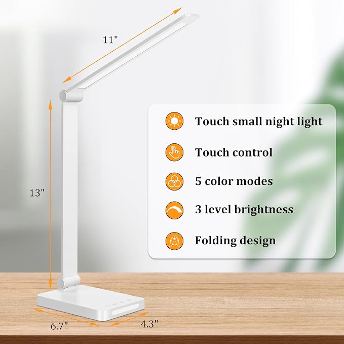 LED Desk Lamp with USB Ports,Touch Desk Lamps for Home Office with 5 Modes | 3 Brightness Desk Light with Small Night Light,Reading Lamp Table Lamp for Bedroom Bedside Study White （with adapter）