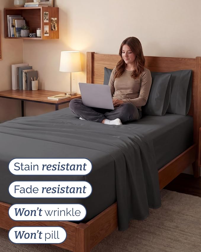 Extra Deep Twin XL Sheet Set - 4 Piece College Dorm Room - Grey | College Dorm Room Essentials, Easy & Secure Fit, Ultra-Soft, Wrinkle & Fade Free, Comfy Sheets Set with Extra Deep Pockets