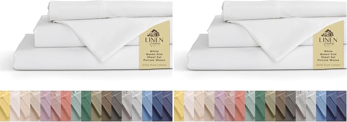 Linen Home 100% Cotton Percale Sheets Queen Size, White, Deep Pocket, 4 Pieces Set - 1 Flat, 1 Deep Pocket Fitted Sheet and 2 Pillowcases, Crisp Cool and Strong Bed Linen (Pack of 2)