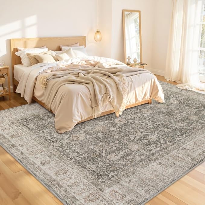 Area Rugs 9x12 Living Room: Bedroom Washable Carpet Warm Taupe | Large Vintage Boho Indoor Decor Neutral Soft Nursery Farmhouse Dining Room Office Floor Non-Slip Low Pile Under Table Rug
