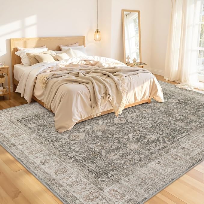 8x10 Area Rugs Living Room: Bedroom Washable Carpet Warm Taupe | Large Vintage Boho Indoor Decor Neutral Soft Nursery Farmhouse Dining Room Office Floor Non-Slip Low Pile Under Table Rug