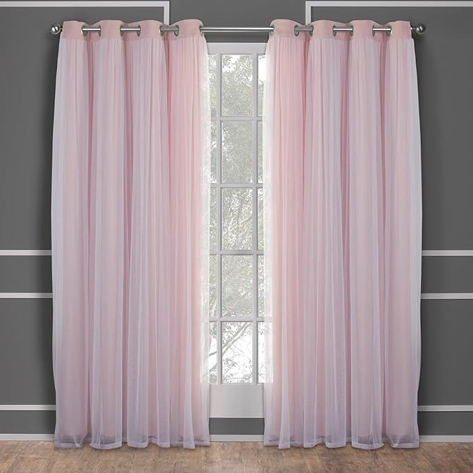 TOWN & COUNTRY LUXE Talia Double Layer Indoor Curtains, Sheer and Room Darkening Blackout, Grommet Top, Energy Efficient, 2-Pack Set, 52"x120", Rose Blush