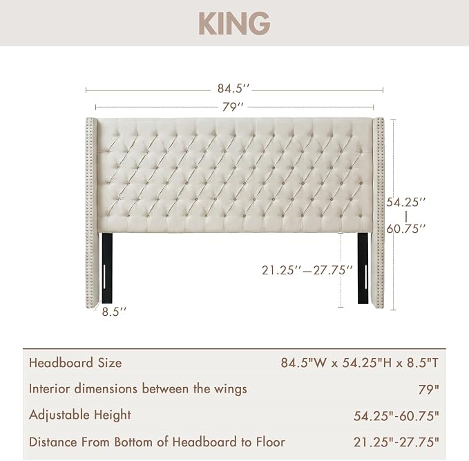 Madison Park Amelia Upholstered Headboard | Nail Head Trim Wingback Button Tufted | King, Cream