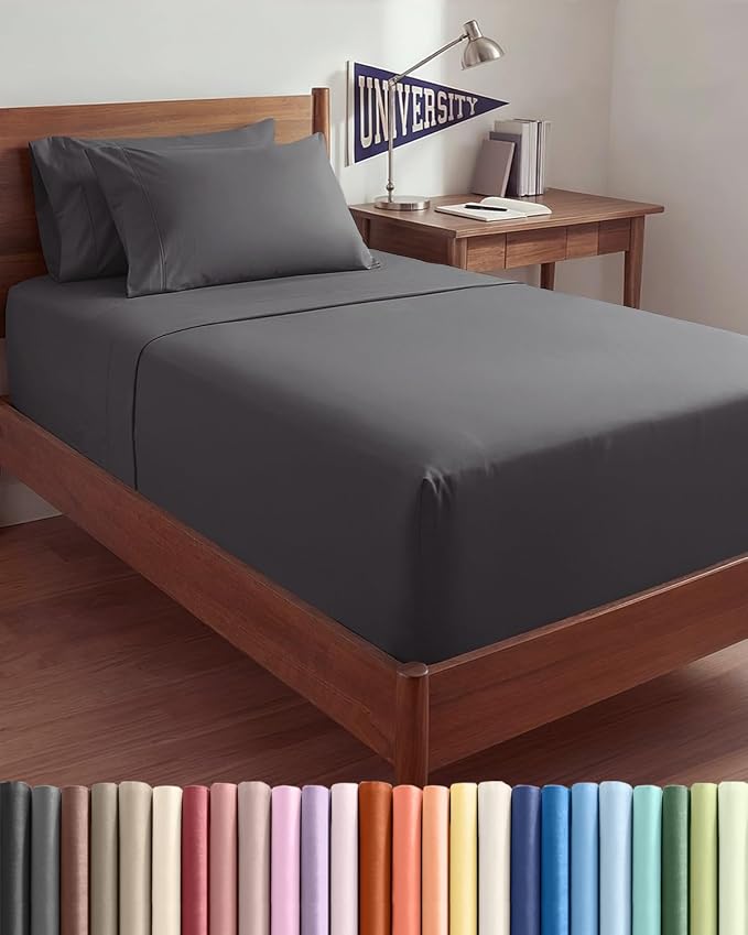 Extra Deep Twin XL Sheet Set - 4 Piece College Dorm Room - Grey | College Dorm Room Essentials, Easy & Secure Fit, Ultra-Soft, Wrinkle & Fade Free, Comfy Sheets Set with Extra Deep Pockets