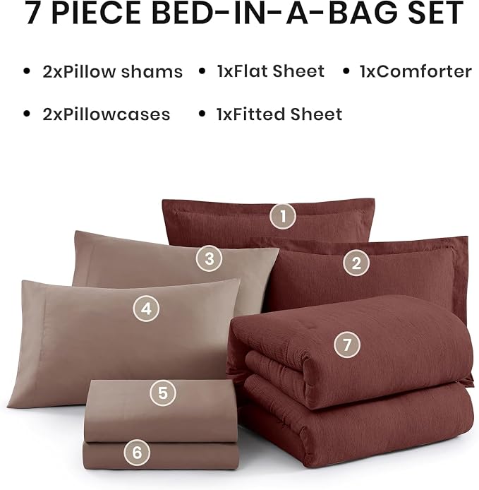Monbix California King Comforter Set 7 Pieces Dark Red Bed in a Bag | Cationic Dyeing Reversible All Season Bedding Sets with Comforter, Sheets, Pillowcases & Shams