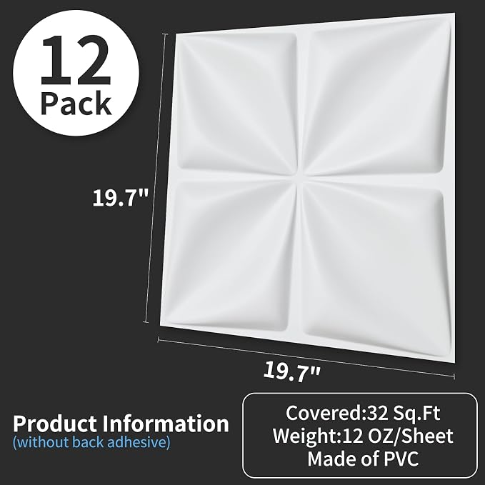 Art3d 19.7" x 19.7" (Pack of 12) 3D Wall Panels Lucky Leaves PVC Wall Panel for Inter Decoration, Living Room, TV Background, Office, White