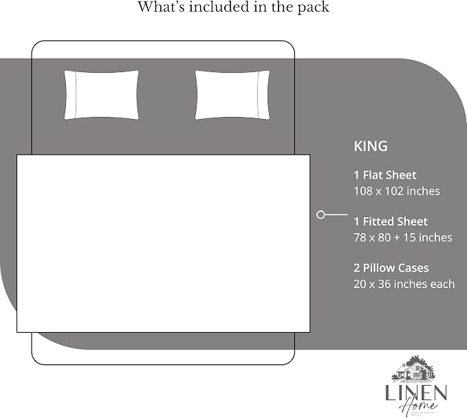 Linen Home 100% Cotton Percale Sheets King Size, Smoky Charcoal, Deep Pocket, 4 Pieces Set - 1 Flat, 1 Deep Pocket Fitted Sheet and 2 Pillowcases, Crisp Cool and Strong Bed Linen
