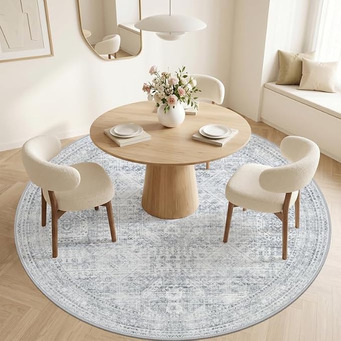 Round Area Rug Living Room: 8ft Neutral Washable Carpet Rug Gray | Vintage Boho Circle Soft Large Circular Carpet Bedroom Nursery Farmhouse Dining Room Indoor Decor Floor Non-Slip Under Table
