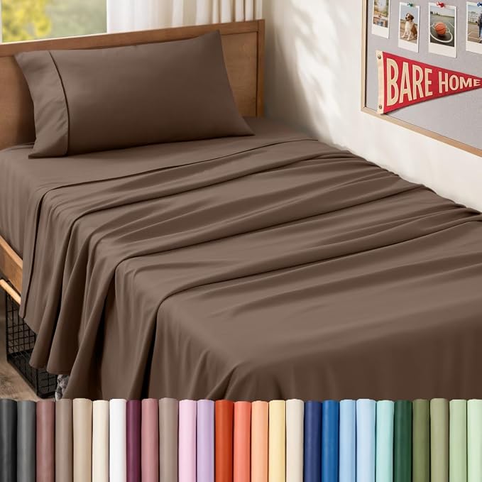 Bare Home Twin XL Sheet Set - 1800 Ultra-Soft (Twin XL, Cocoa) | Deep Pockets 6 to 15 Inches, Breathable, Hypoallergenic, Hotel Luxury, Easy Fit, Soft, All-Season