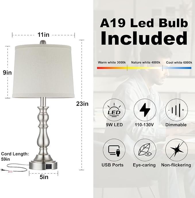 23'' Table Lamps Set of 2, Lamps for Bedroom, USB C+A Ports, Silver | Bedside Lamps with 3 Color Temperatures, Knob Switch, Lamps for Living Room, Office, Night Stands, End Table, Bulbs Included