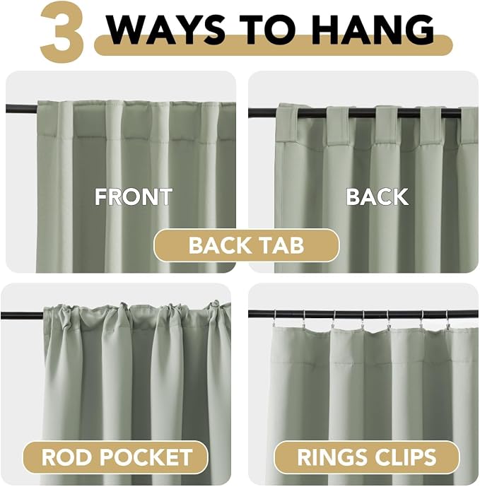 H.VERSAILTEX Back Tab Sage Green Curtains 102 Inch Long for Living Room, Rod Pocket Room Darkening Thermal Insulated Blackout Curtains, 52 x 102 Inch, Light Sage, 2 Panels