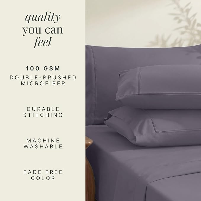 Hearth & Harbor Bed Sheets, Luxury Soft 6 Piece Bed Sheet Set Extra Deep Pocket Fitted Sheets Fits Mattress up to 21", Double Brushed Bedding Sheets & Pillowcases, King Purplish Gray