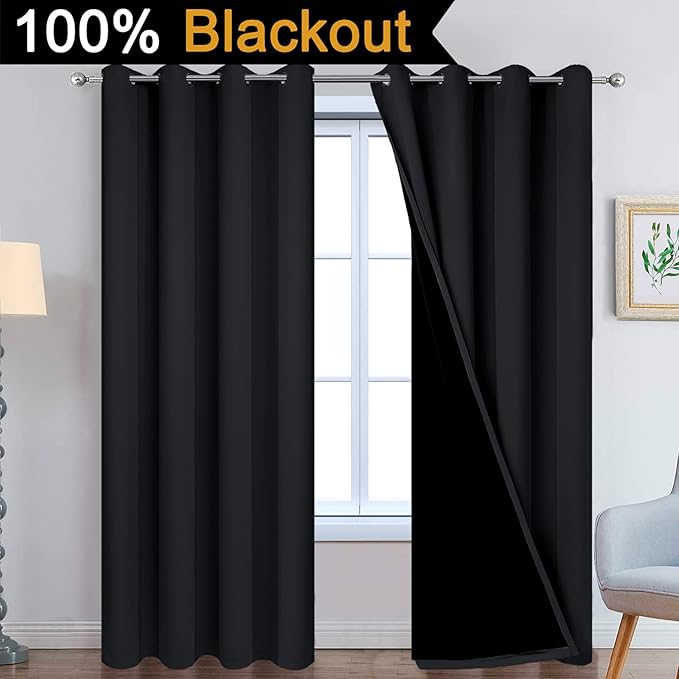 Yakamok Black 100% Blackout Curtains 96 Inches Long for Bedroom 52" Wide | Blackout Curtain Panels for Bedroom, 2 Thick Layers Grommet Top Thermal Insulated Drapes with Black Liner for Living Room