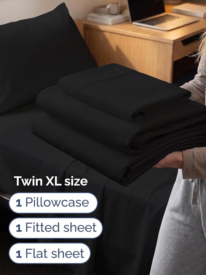 Extra Deep Twin XL Sheet Set - 3 Piece College Dorm Room - Black | Soft, Breathable & Cooling, Easily Fits 18 to 24 inch Mattress, Wrinkle Free & Fade Resistant with Extra Deep Pockets