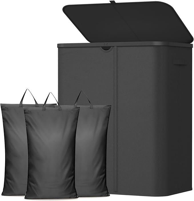 Lifewit 185L 3 Section Laundry Hamper with Lid, Laundry Basket, Black | Large Foldable Laundry Sorter with 3 Removable Bags, Tall Clothes Hamper for Bedroom and Bathroom