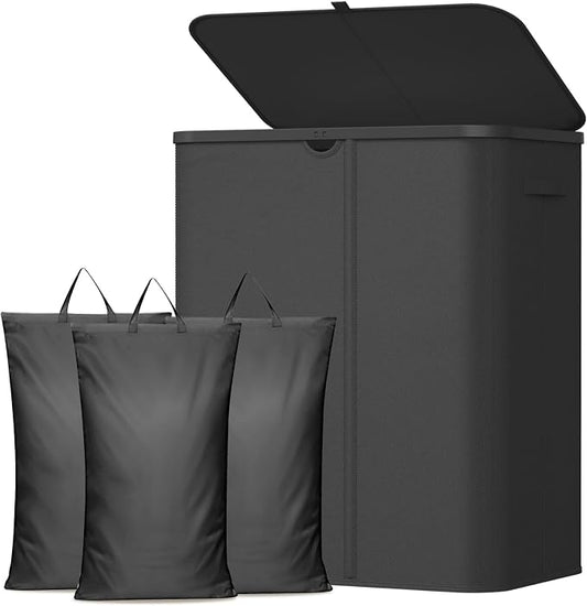 Lifewit 185L 3 Section Laundry Hamper with Lid, Laundry Basket, Black | Large Foldable Laundry Sorter with 3 Removable Bags, Tall Clothes Hamper for Bedroom and Bathroom
