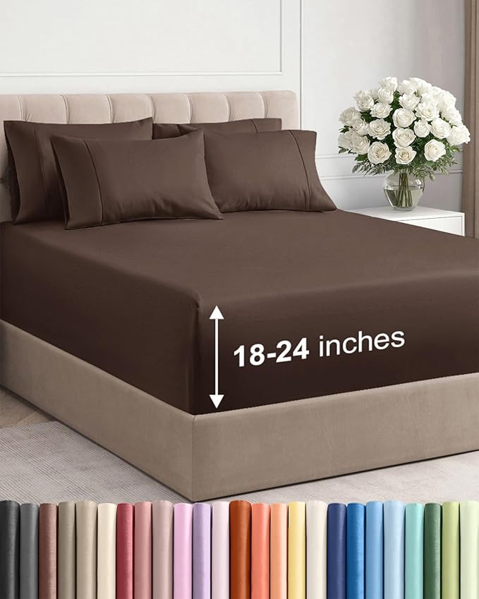 Extra Deep Cal King Sheet Set - 6 Piece Breathable & Cooling Sheets - Brown | Hotel Luxury Bed Sheets Set, Easy & Secure Fit, Ultra-Soft, Wrinkle & Fade Free, Comfy Sheets Set with Extra Deep Pockets