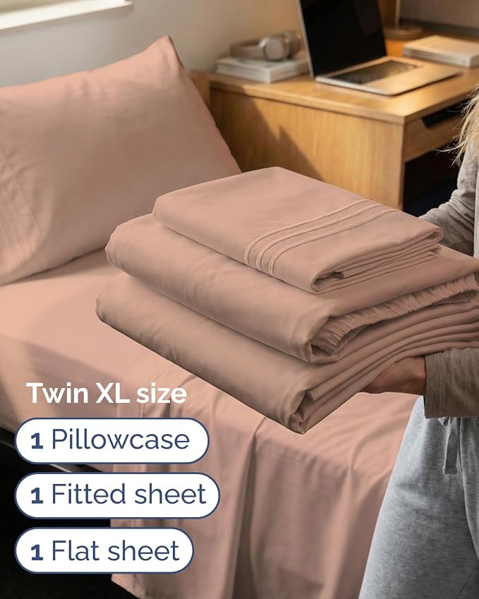 Twin XL 3 Piece Sheet Set - College Dorm Room Essentials - Mauve | Deep Pocket Bed Sheets for Women, Men, Teens & Students, Soft, Cooling, Breathable & Wrinkle Free, Oeko-Tex Bed Sheet Set