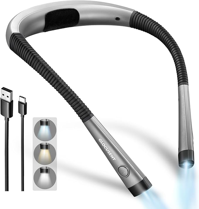 Glocusent Reading Light,Bendable Neck Light,80-hr Rechargeable Book Light | 3-Color&6-Brightness, USB-C,Hands free LED Neck Reading Light,Women, Knitting, Repairing,Crafting, Wearable,Book Lovers Gifts
