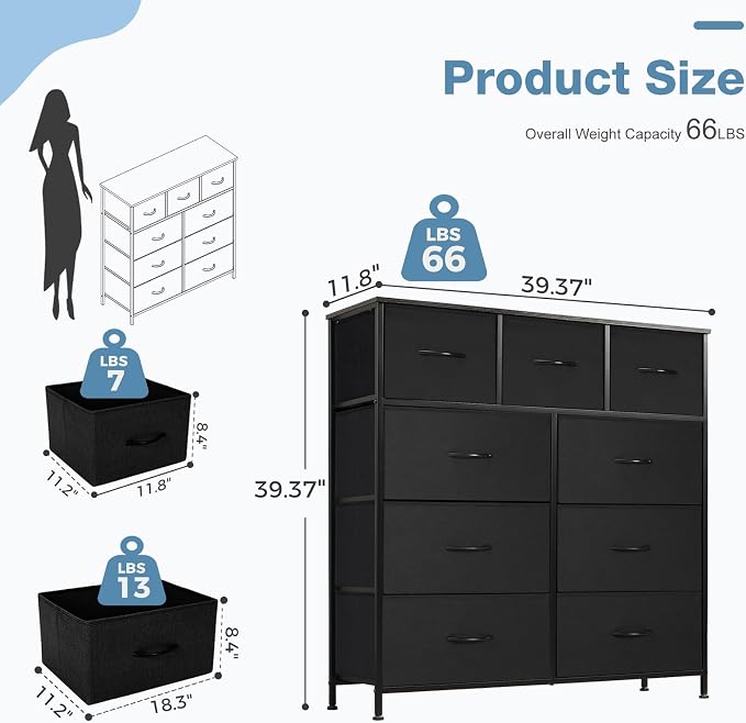 DUMOS Dresser for Bedroom, Storage Organizer with 9 Drawers | Chest of Drawers with Fabric Bins, Sturdy Metal Frame, Wood Tabletop for Guest Room, Closet, Entryway, Solid Black